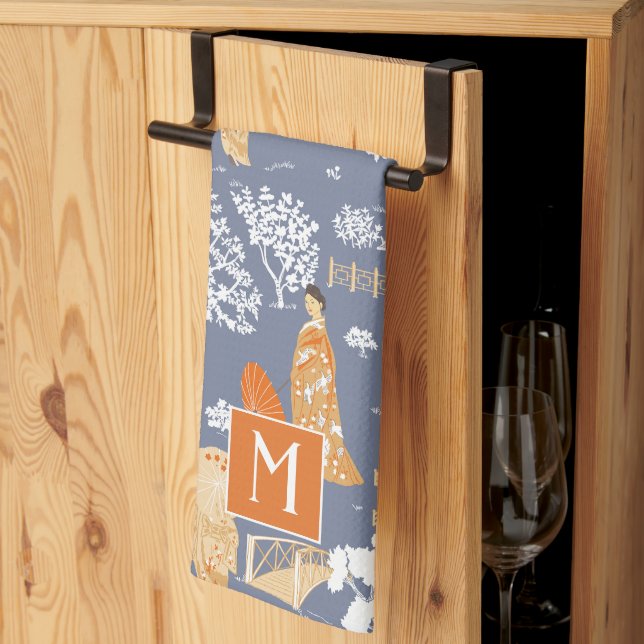 Orange and Blue Chinoiserie Pagodas Monogram Kitchen Towel (Thirds Fold)