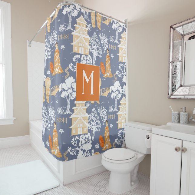 Orange and Blue Chinoiserie Pagodas Monogram Shower Curtain (In Situ)