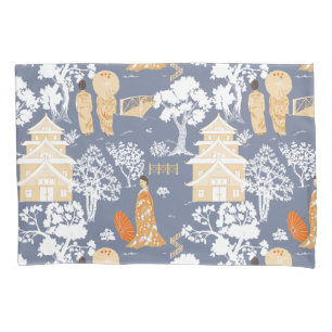 Orange and Blue Chinoiserie Pagodas Pillow Case