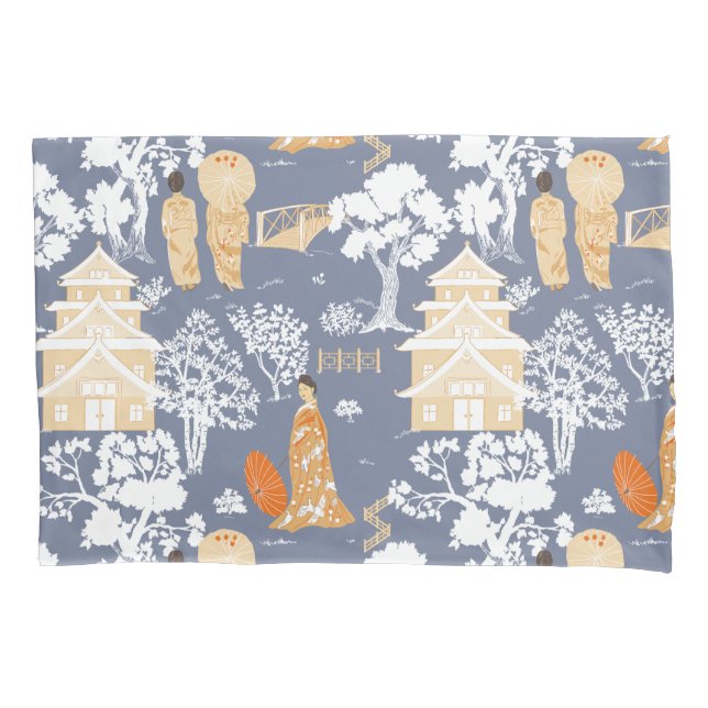 Orange and Blue Chinoiserie Pagodas Pillow Case (Front)