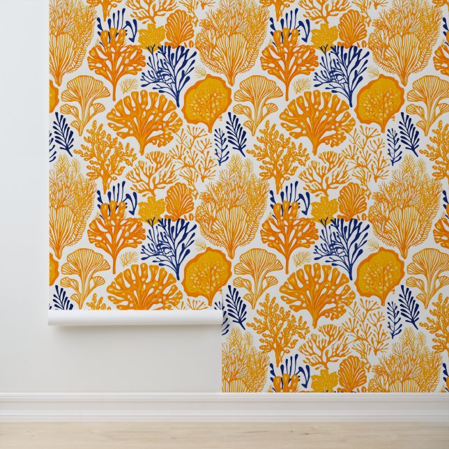 Orange and blue coral coastal pattern wallpaper  (Application)