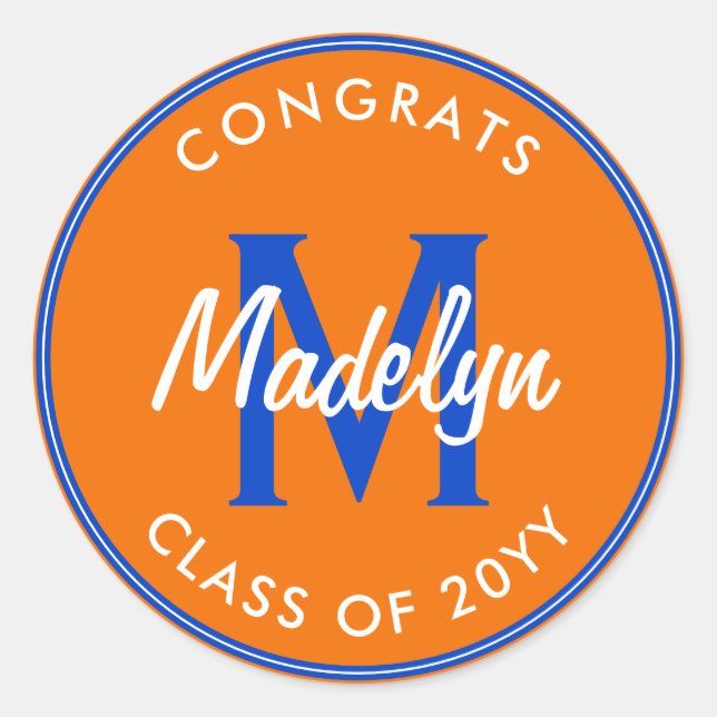 Orange and Blue Custom Graduation Classic Round Sticker (Front)