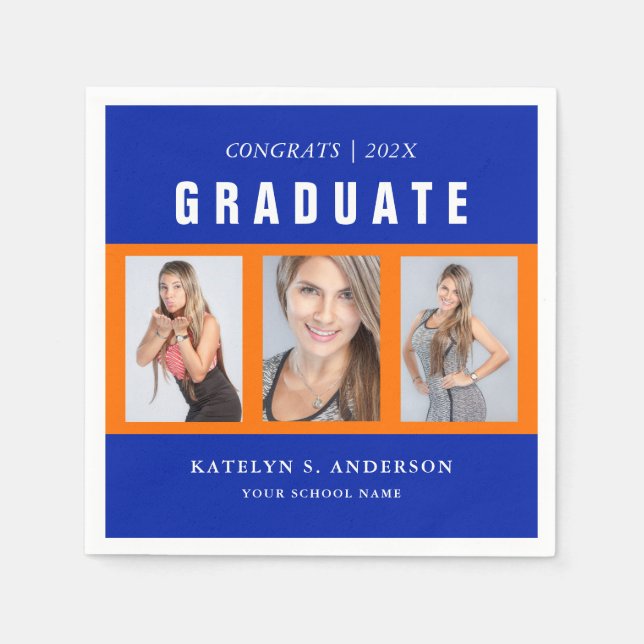 Orange and Blue Custom Graduation Photo Collage Na Napkins (Front)