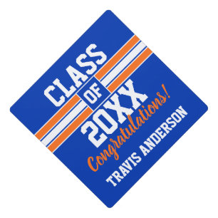 Orange and Blue Custom Sports Graduation Cap Topper