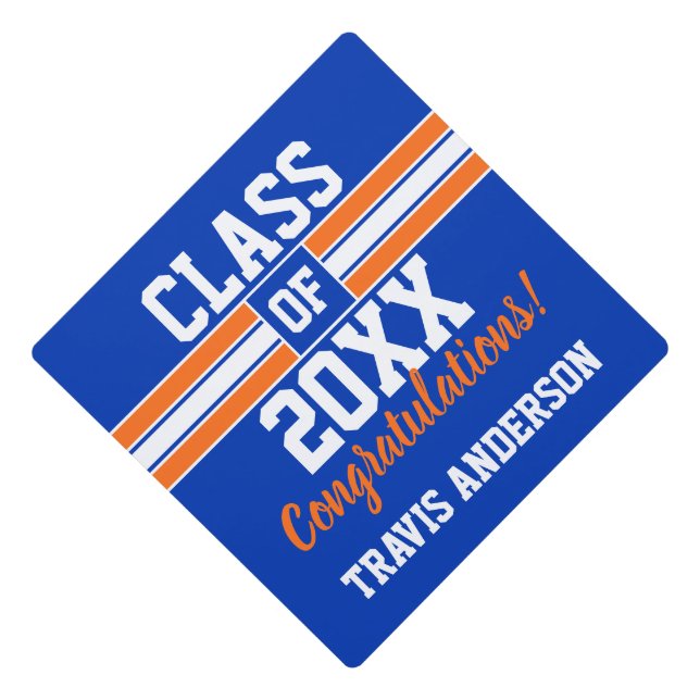 Orange and Blue Custom Sports Graduation Cap Topper (Front)