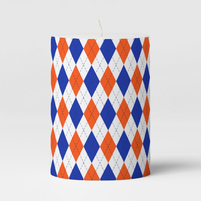 Orange and Blue Diamond Argyle Pillar Candle (Front)