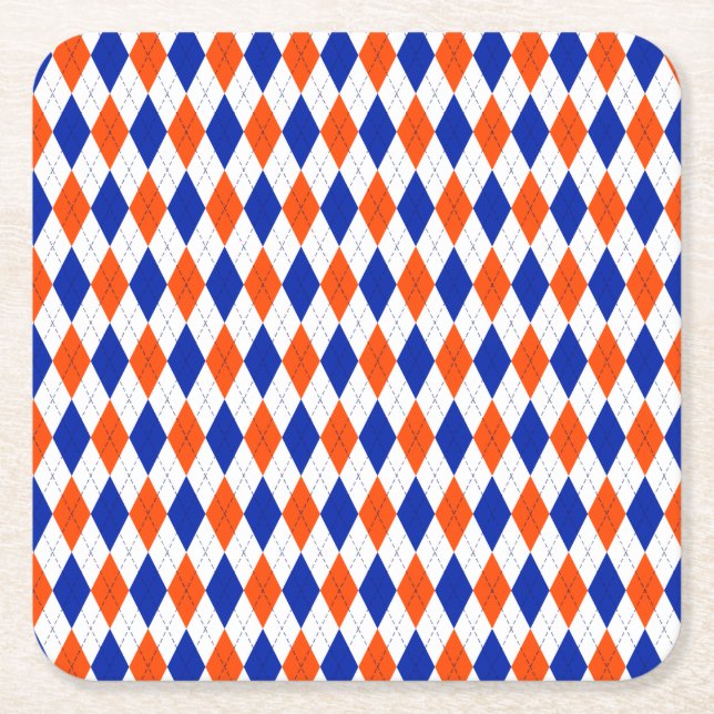 Orange and Blue Diamond Argyle Square Paper Coaster (Front)