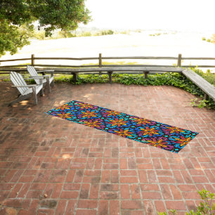 Orange and blue Diamond large flower squares Outdoor Rug