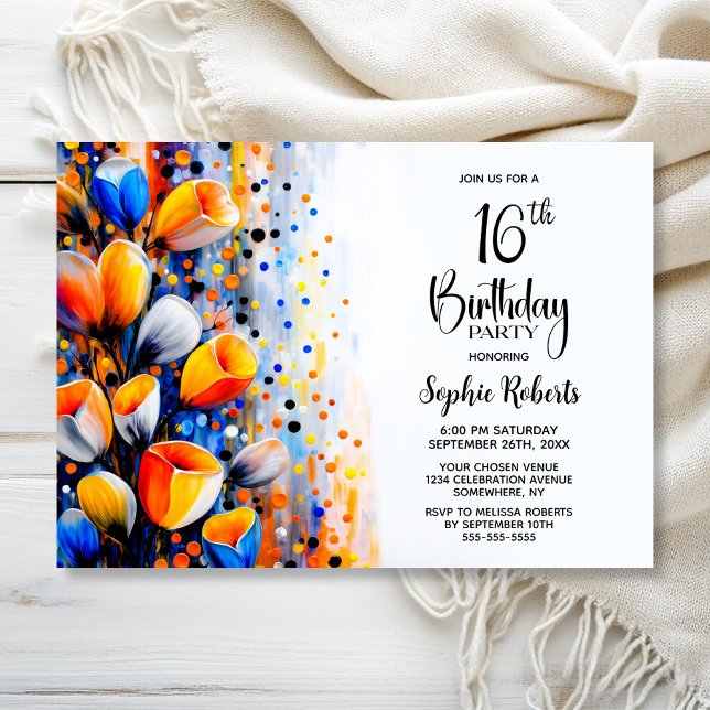 Orange and Blue Floral 16th Birthday Party Invitation (Creator Uploaded)