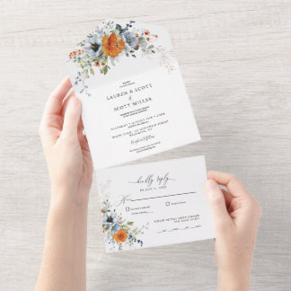 Orange and Blue Floral All in One Wedding Invite