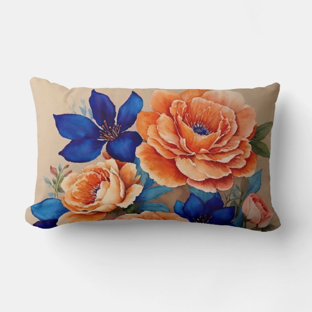Orange and Blue Floral Lumbar Pillow (Front)