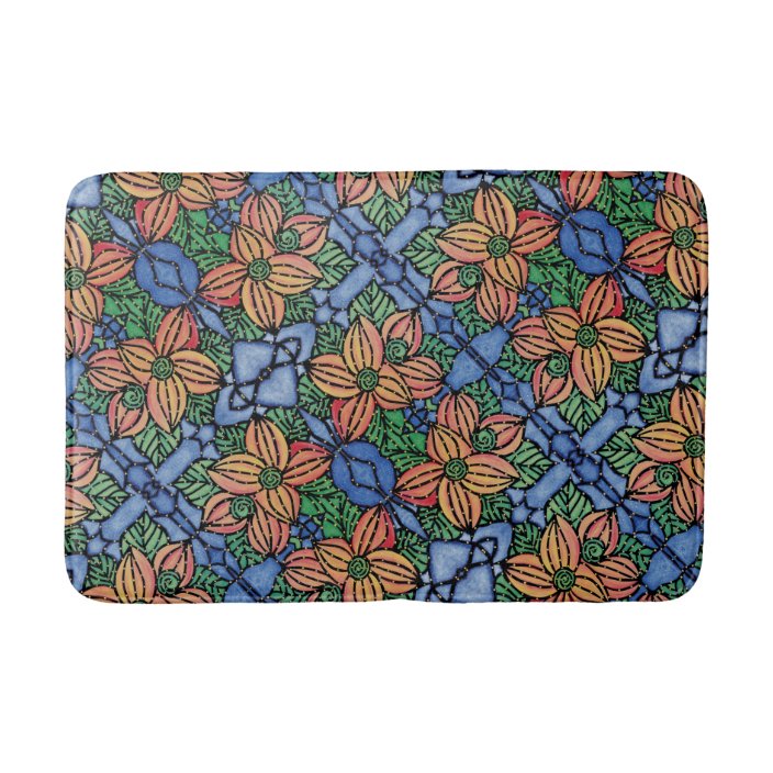 Orange And Blue Floral Pattern Bathroom Mat