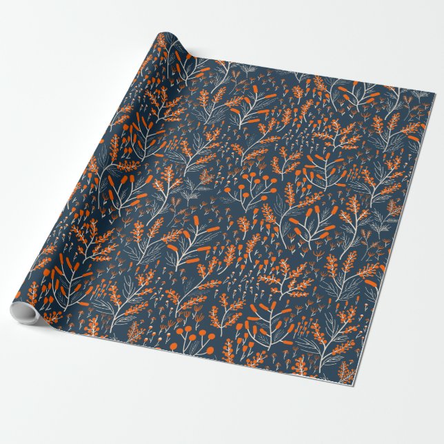 Orange and Blue Floral Wrapping Paper (Unrolled)