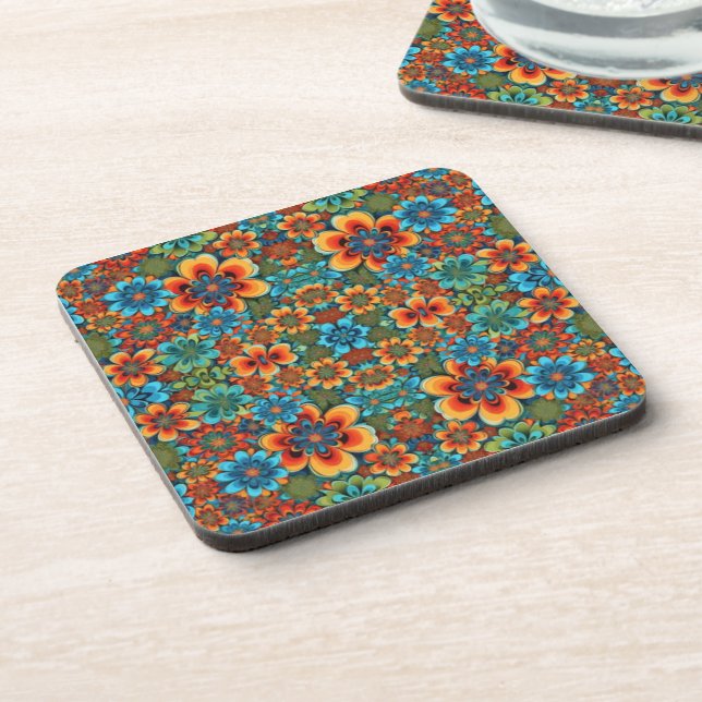 Orange and blue flowers beverage coaster (Left Side)