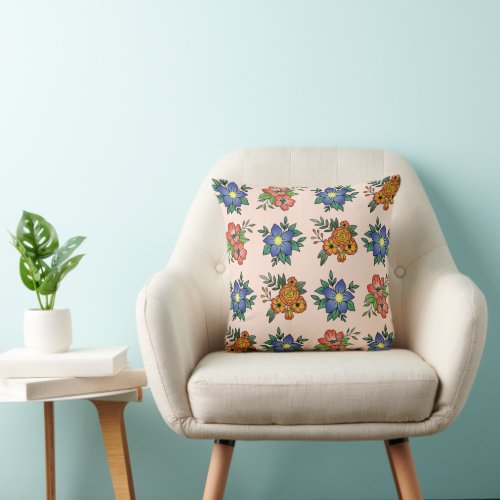 Orange And Blue Flowers Pattern Throw Pillow