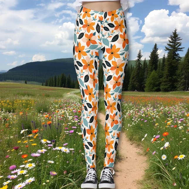 Orange and Blue Foliage and Flowers  Leggings (Creator Uploaded)