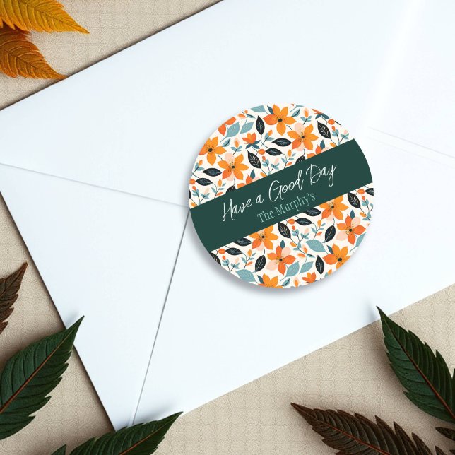 Orange and Blue Foliage and Flowers Personalized Classic Round Sticker (Creator Uploaded)