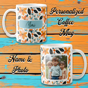 Orange and Blue Foliage and Flowers Personalized Coffee Mug