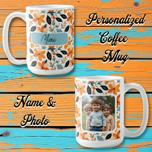 Orange and Blue Foliage and Flowers Personalized Coffee Mug