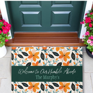 Orange and Blue Foliage and Flowers Personalized Doormat