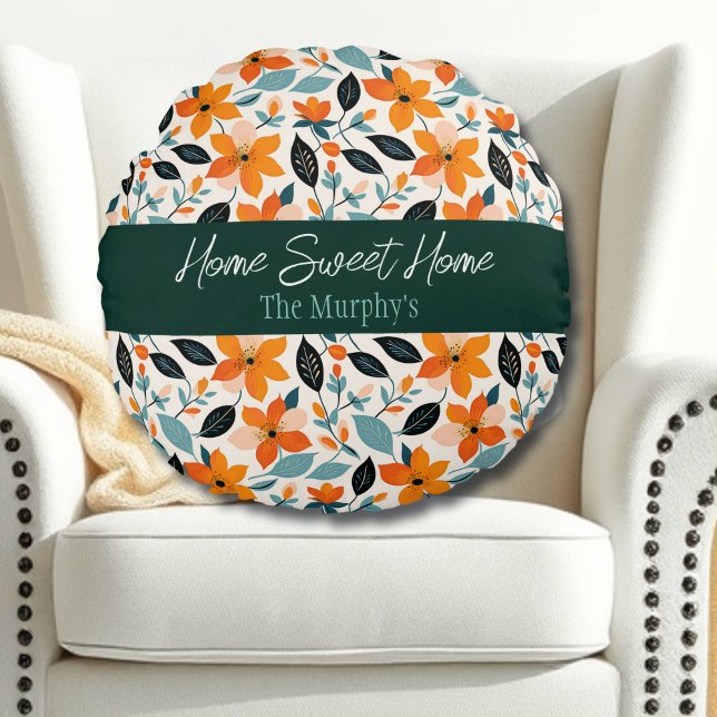 Orange and Blue Foliage and Flowers Personalized Round Pillow (Creator Uploaded)