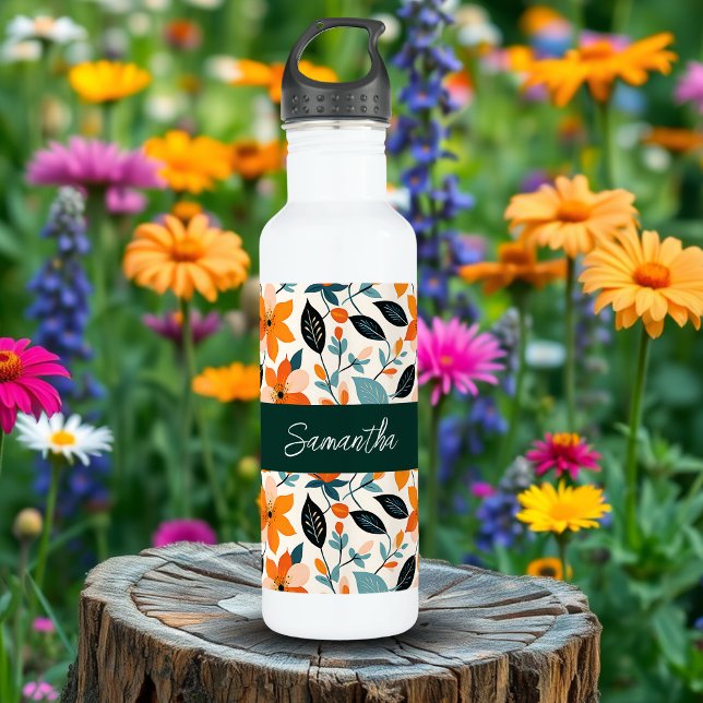 Orange and Blue Foliage and Flowers Personalized Stainless Steel Water Bottle (Creator Uploaded)