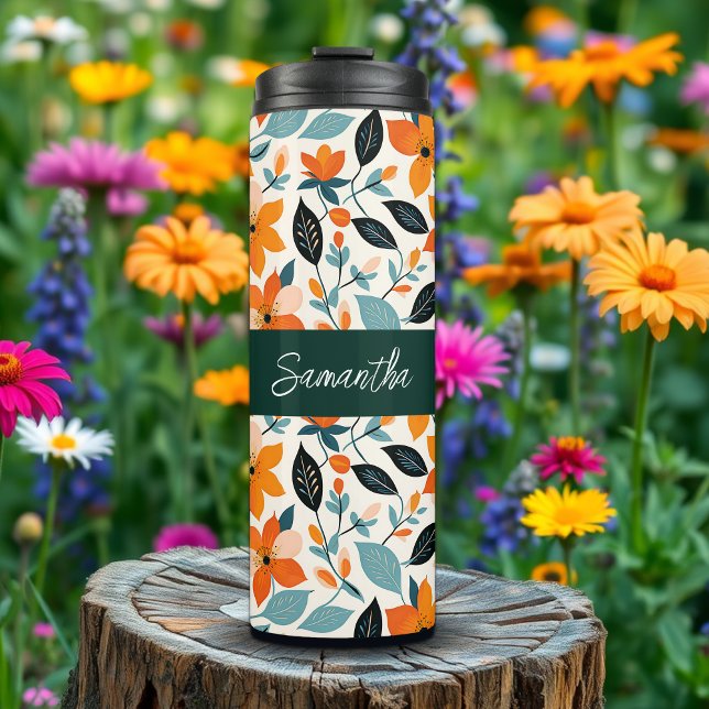 Orange and Blue Foliage and Flowers Personalized Thermal Tumbler (Creator Uploaded)