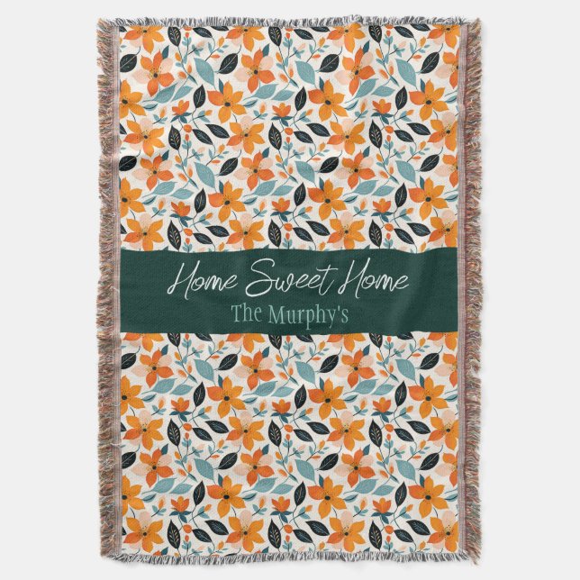 Orange and Blue Foliage and Flowers Personalized Throw Blanket (Front Vertical)