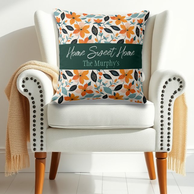 Orange and Blue Foliage and Flowers Personalized Throw Pillow (Creator Uploaded)