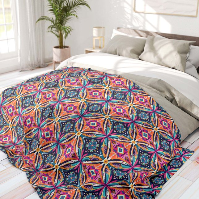Orange and Blue Geometric Flowers Bohemian Fleece Blanket (Creator Uploaded)
