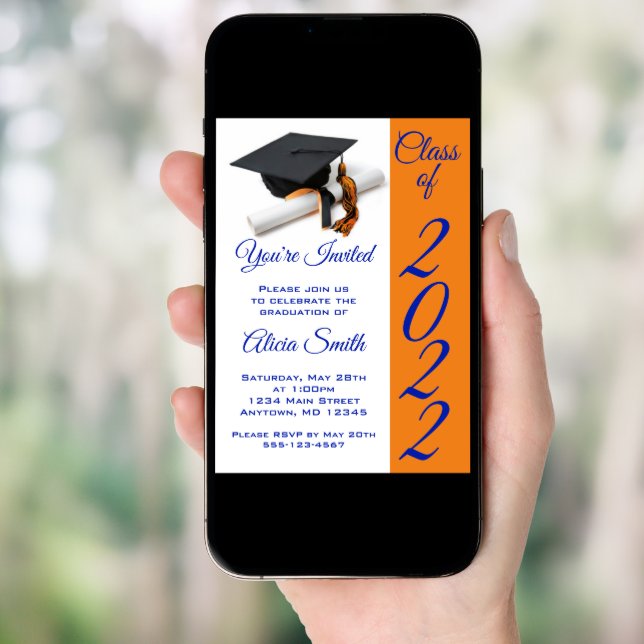 Orange and Blue Graduation Cap and Tassel  Invitation (Front Digital)