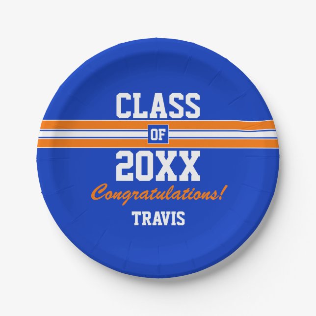 Orange and Blue Graduation Custom Congratulations Paper Plates (Front)