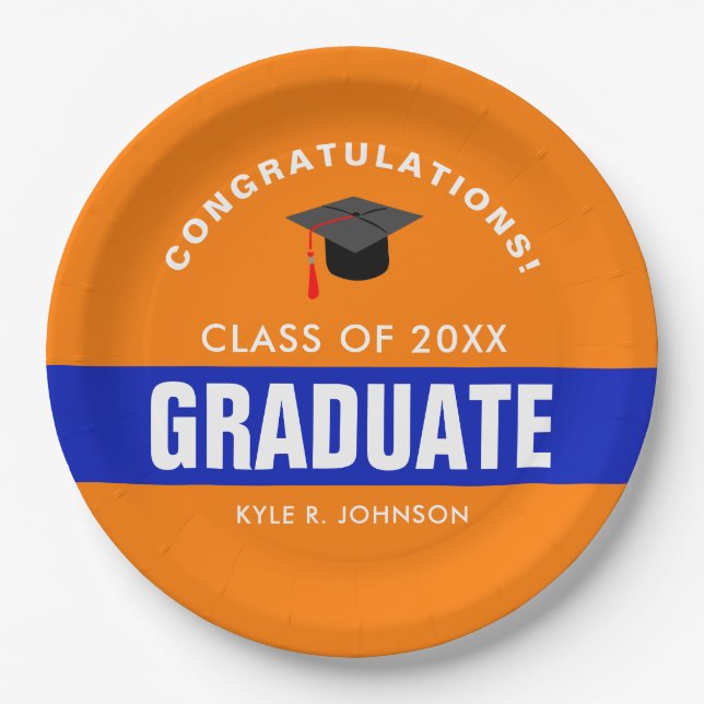 Orange and Blue Graduation Personalized Paper Plates (Front)