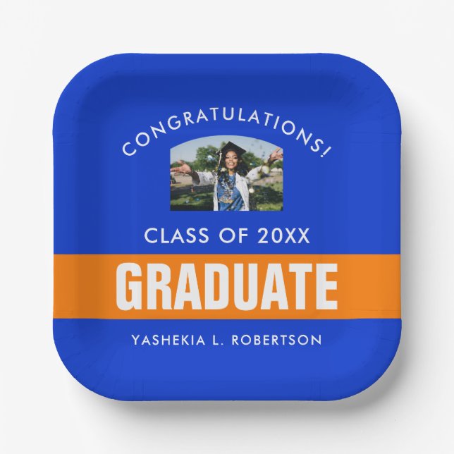 Orange and Blue Graduation Personalized Photo Paper Plates (Front)
