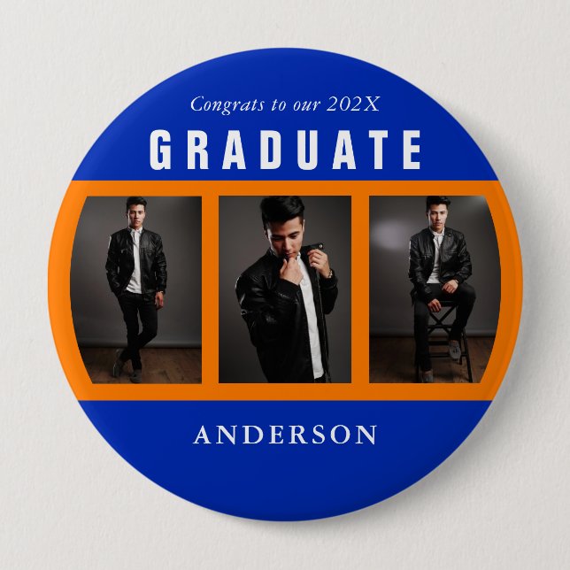 Orange and Blue Graduation Photo Collage Button (Front)