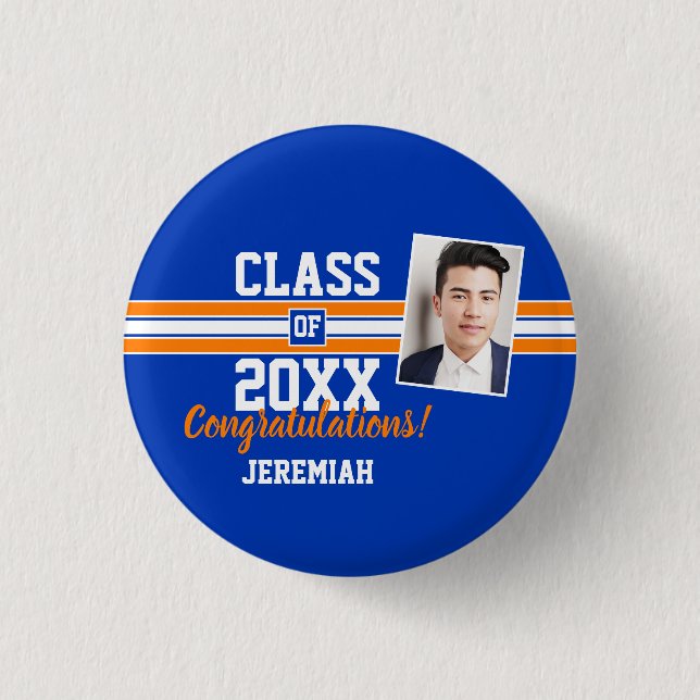  Orange and Blue Graduation Photo Congratulations Button (Front)