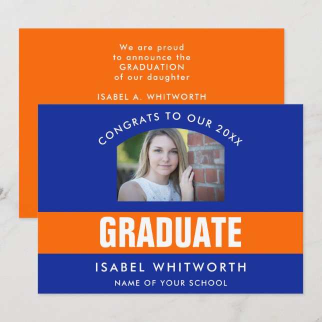Orange and Blue Graduation Photo Custom Announcement (Front/Back)