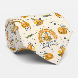 Orange and blue-gray Halloween symbols pattern Neck Tie