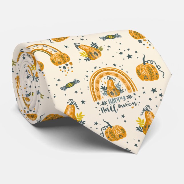 Orange and blue-gray Halloween symbols pattern Neck Tie (Rolled)