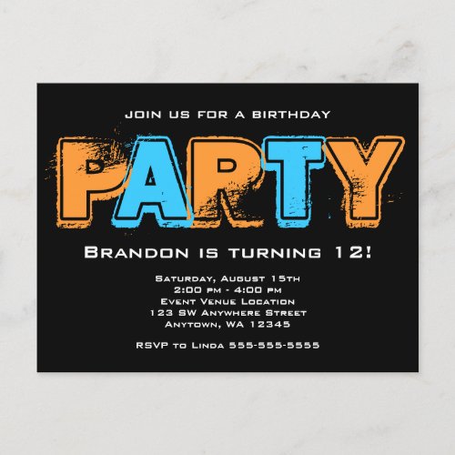 Orange and Blue Grunge Boy Birthday Party Invitation Postcard