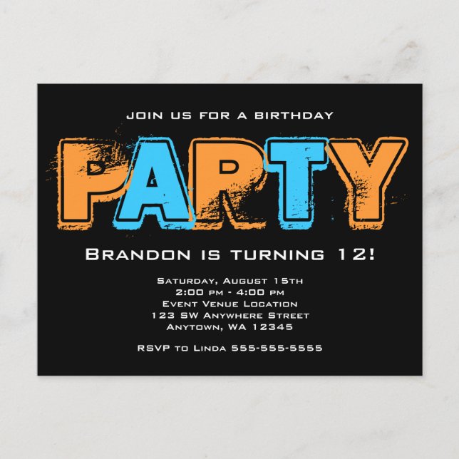 Orange and Blue Grunge Boy Birthday Party Invitation Postcard (Front)