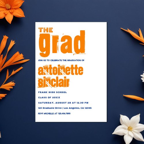 Orange and Blue Grunge Typography Graduation Party Invitation