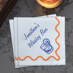 Orange and Blue Hand Drawn Whiskey Bar Custom Cloth Napkin
