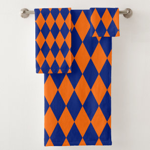 Orange and Blue Harlequin Checkered Design Bath Towel Set