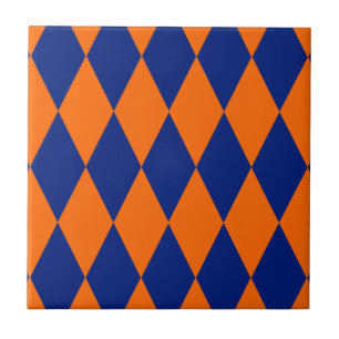 Orange and Blue Harlequin Checkered Design Ceramic Tile