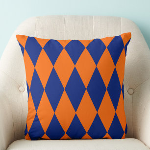 Orange and Blue Harlequin Checkered Design Throw Pillow