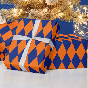 Orange and Blue Harlequin Checkered Design  Wrapping Paper