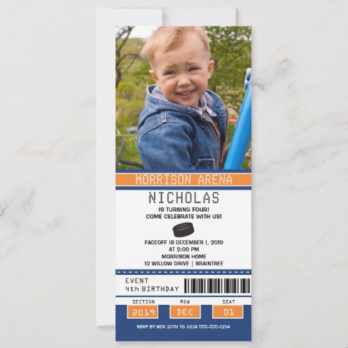 Orange and Blue Hockey Ticket Birthday Invitation