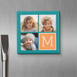 Orange and Blue Instagram Photo Collage Monogram Magnet<br><div class="desc">Use 3 square photos to create a unique and personal gift. Or you can keep the hipster puppy and make a trendy keepsake. If you need to adjust the pictures,  click on the customize tool to make changes.</div>