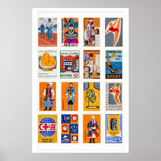Orange and Blue Matchbox Label Collage, high Poster (Front)
